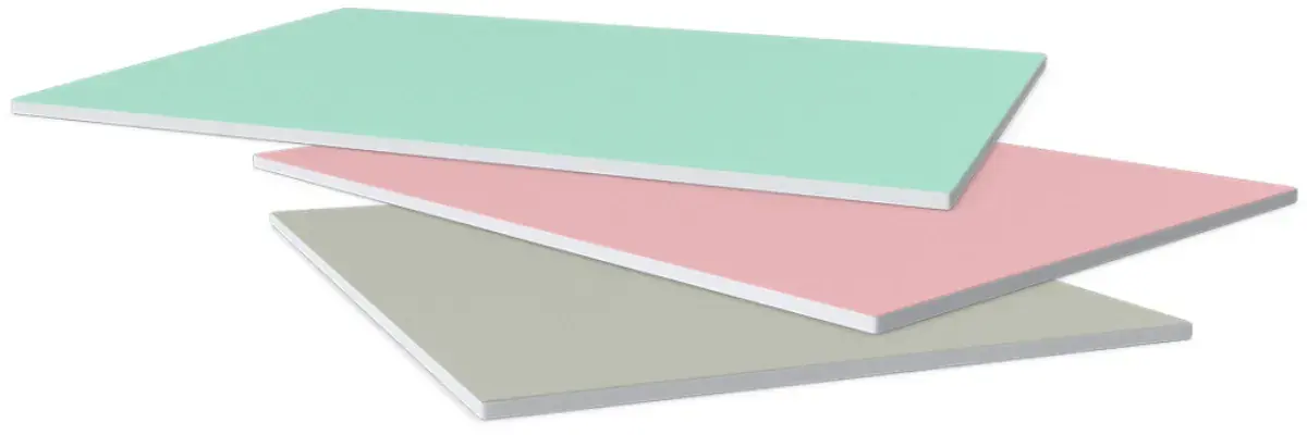 Placas de drywall Standard, Resistente à Umidade, Resistente ao Fogo, Flexboard, Hardboard e Safeboard